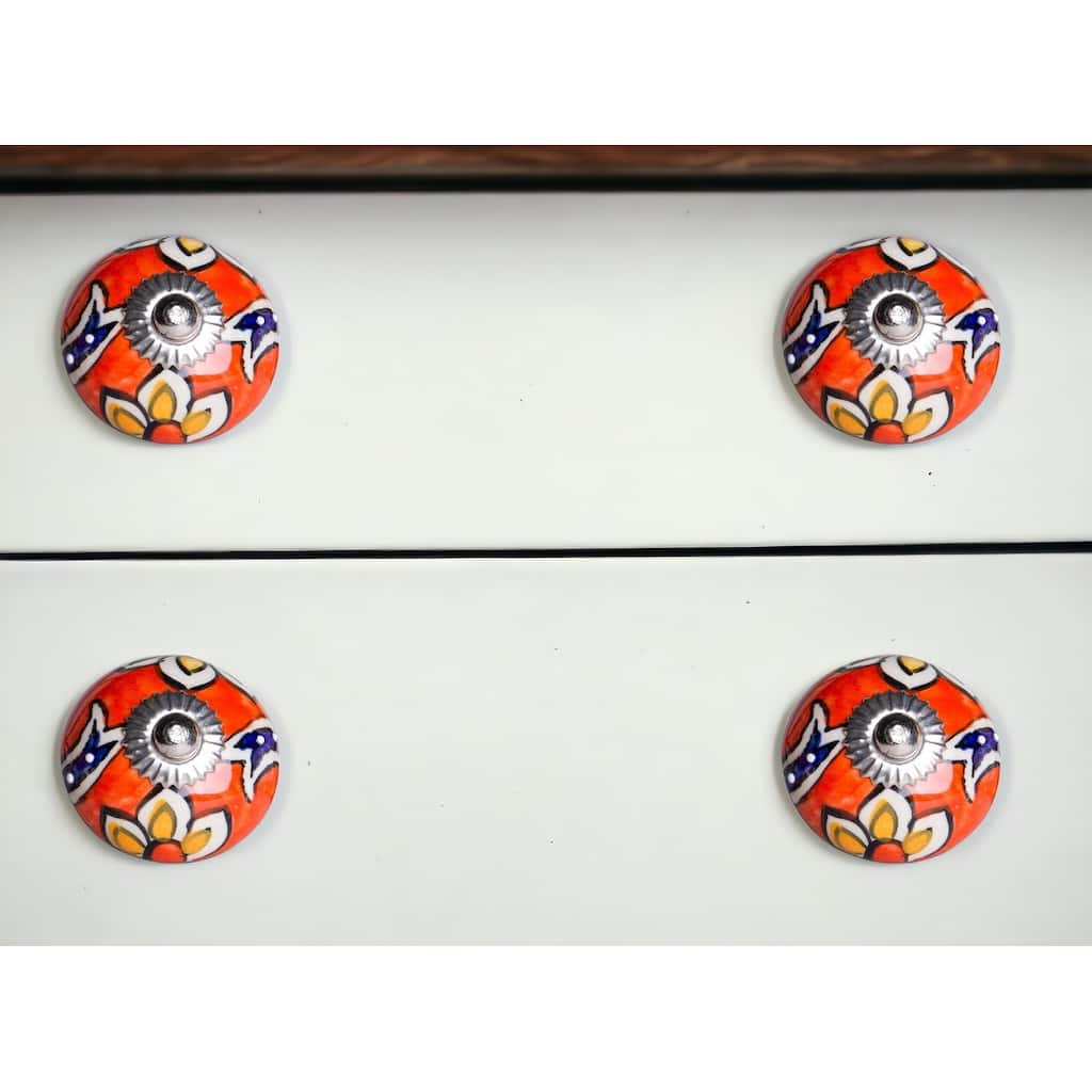 HomeRoots Set of Eight Orange And White Floral Ceramic Drawer Pull Knobs - 1.5" x 1.5" x 1.5"