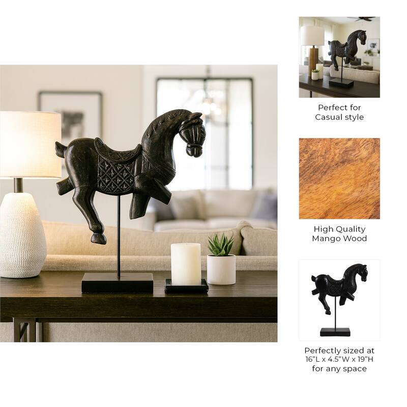Wood Carved Horse Figurine Sculpture Statue Home Decor - 19" Black - 16" x 4.5" x 19"