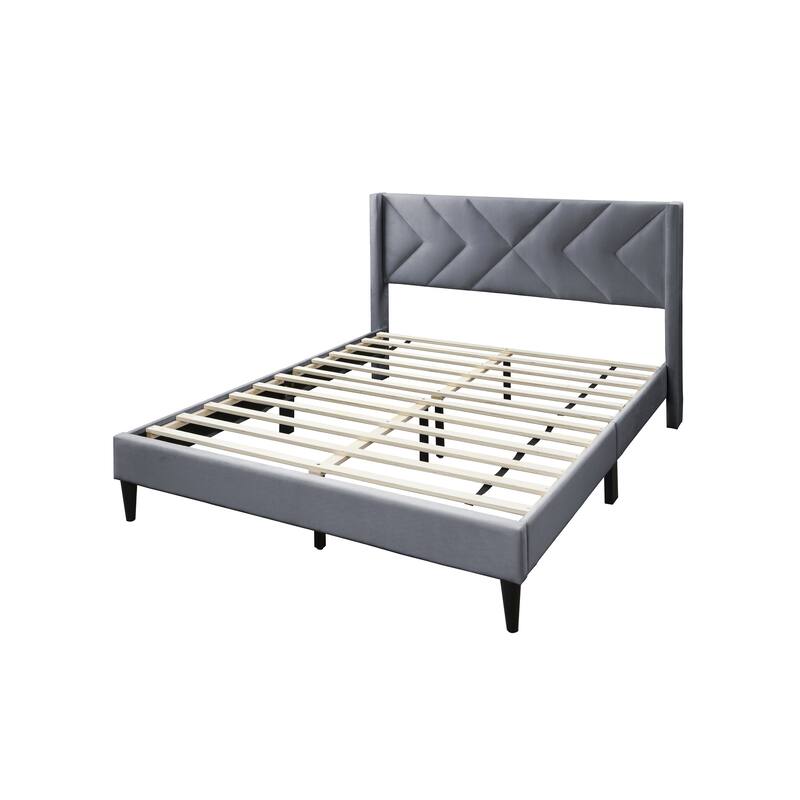 Modern Gray Velvet Upholstered Queen Size Bed with Geometric Headboard