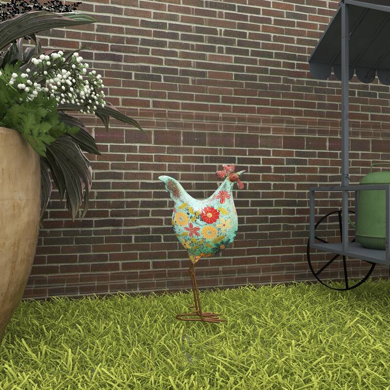 Green or Cream Metal Indoor Outdoor Distressed Standing Rooster Garden Sculpture with U Shaped Feet
