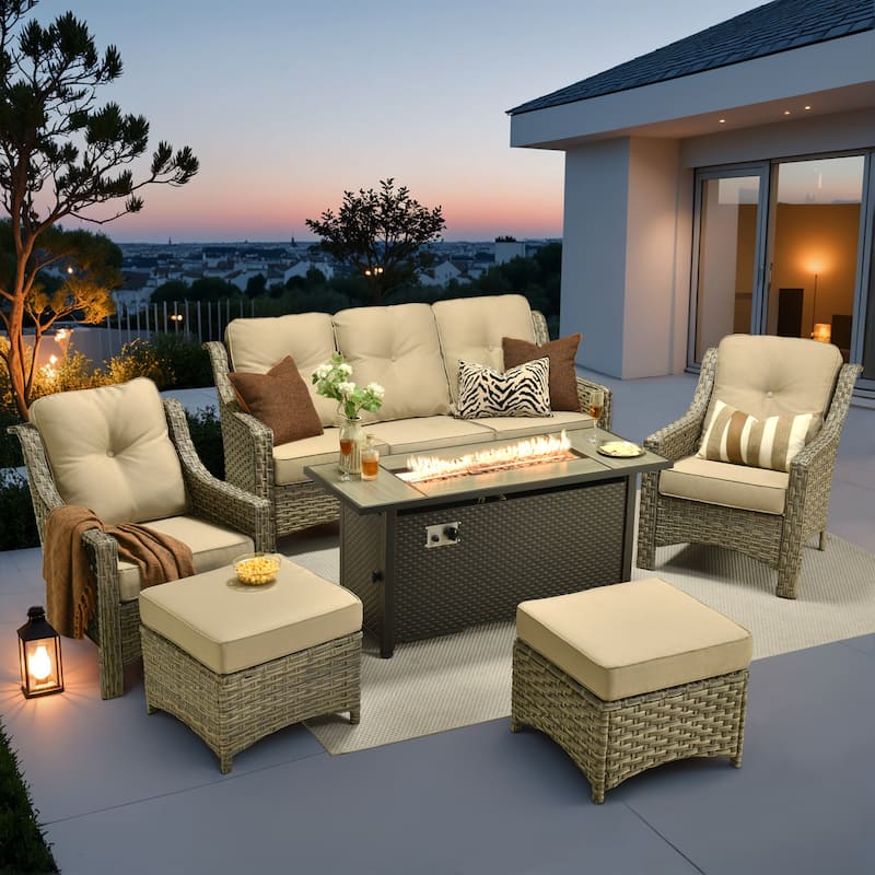XIZZI 7-Piece Patio Seating Set with Cushions and Fire Pit Table - Beige