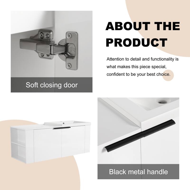 BNK 24"/48" Single Sink Bathroom Vanity with Soft Close Door and Shelf, Modern Floating Vanity