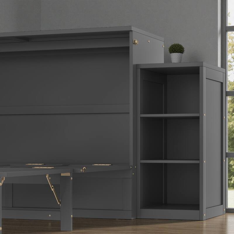 Full/Queen Size Murphy Bed with Storage Drawers and Shelves, Space-Saving Foldable Wall Bed for Guest Room