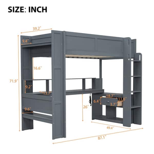 dimension image slide 0 of 2, Wood Twin/Full Size Gaming Loft Bed with Bulit-in Desk and Multi-storage Shelves, Kids Loft Bedframe with LED & Charging Station