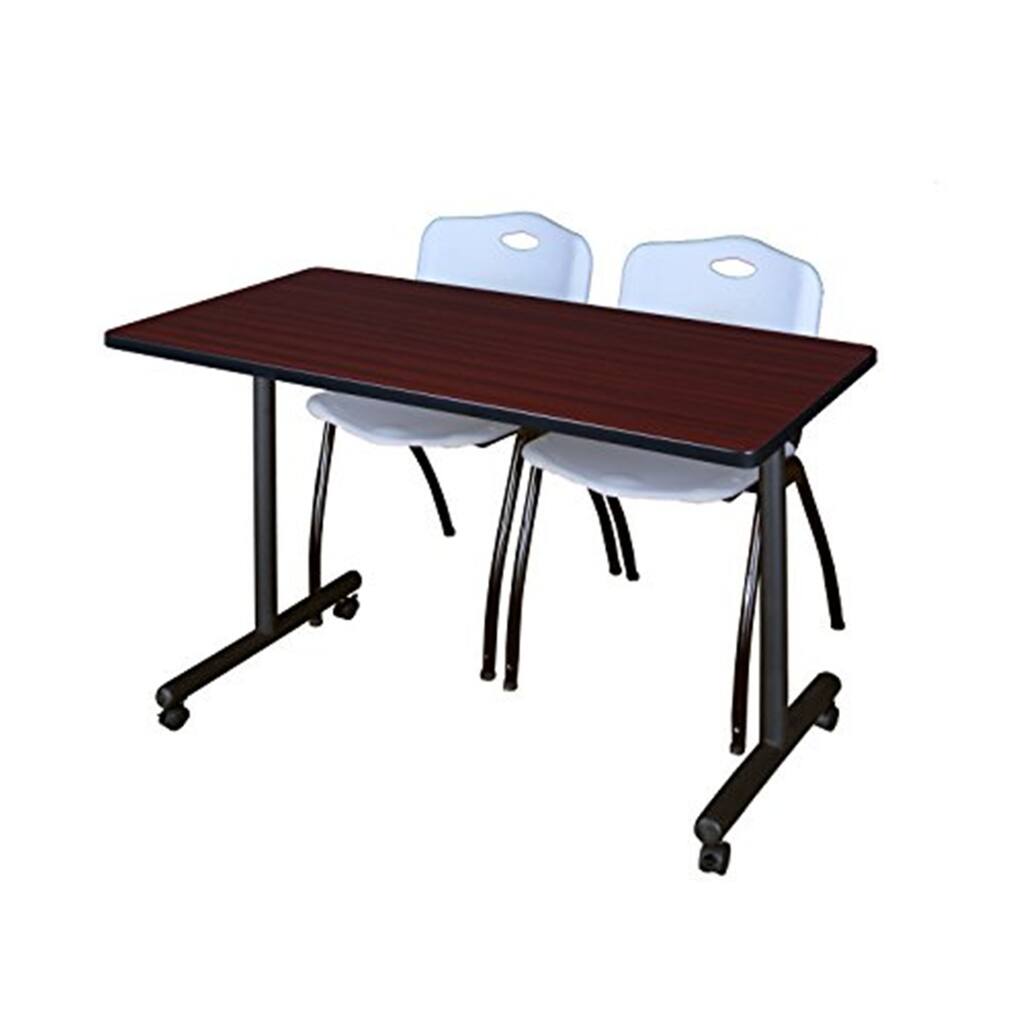 48" x 24" Mobile Training Table- Mahogany & 2 'M' Stack Chairs- Grey