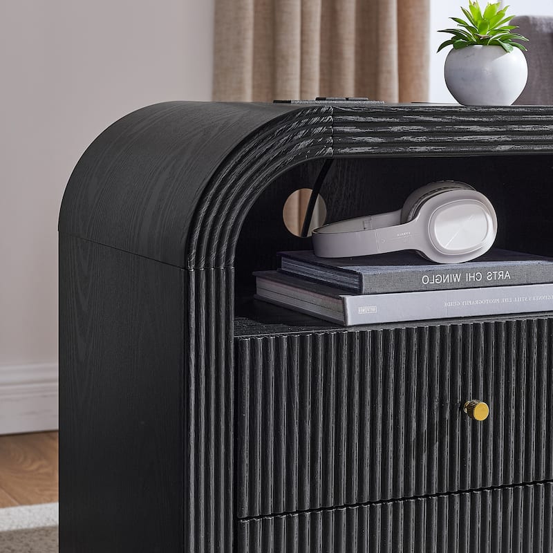 Modern Fluted Nightstand with Charging Station, Arched End Table
