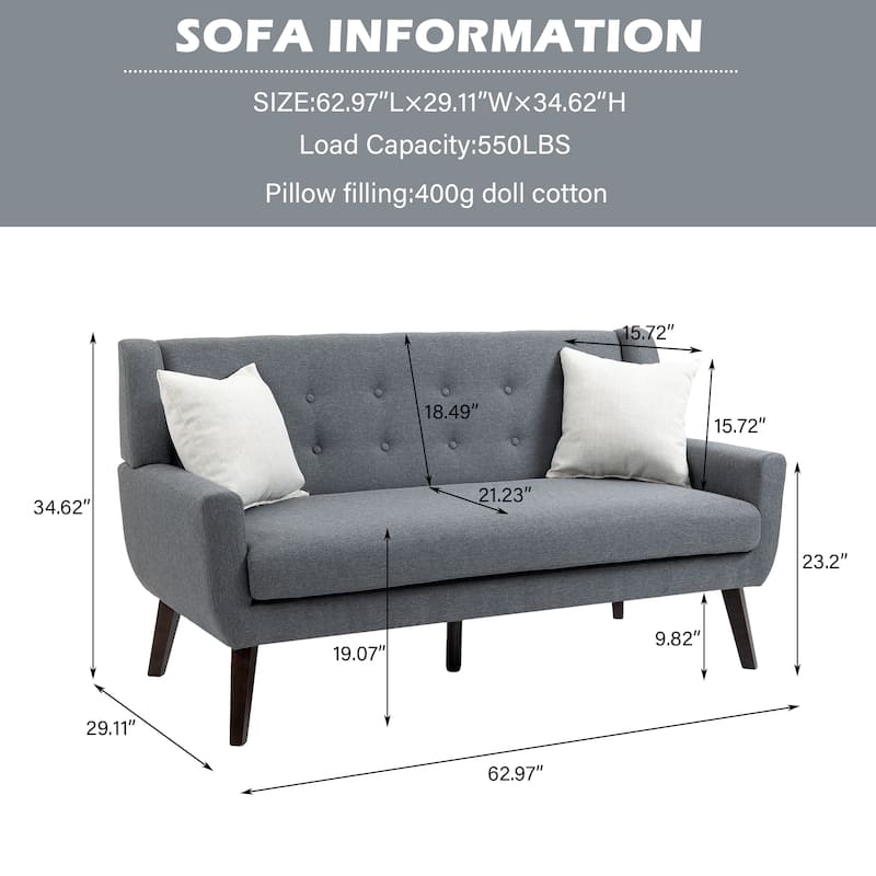 Tufted Linen/Cotton 2-Seater Sofa with Pillows