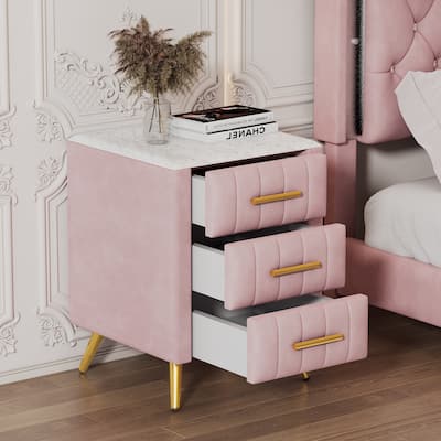 Modern Upholstered Velvet Nightstand with 3 Drawers, Metal Handles & Marbling Top - Pink