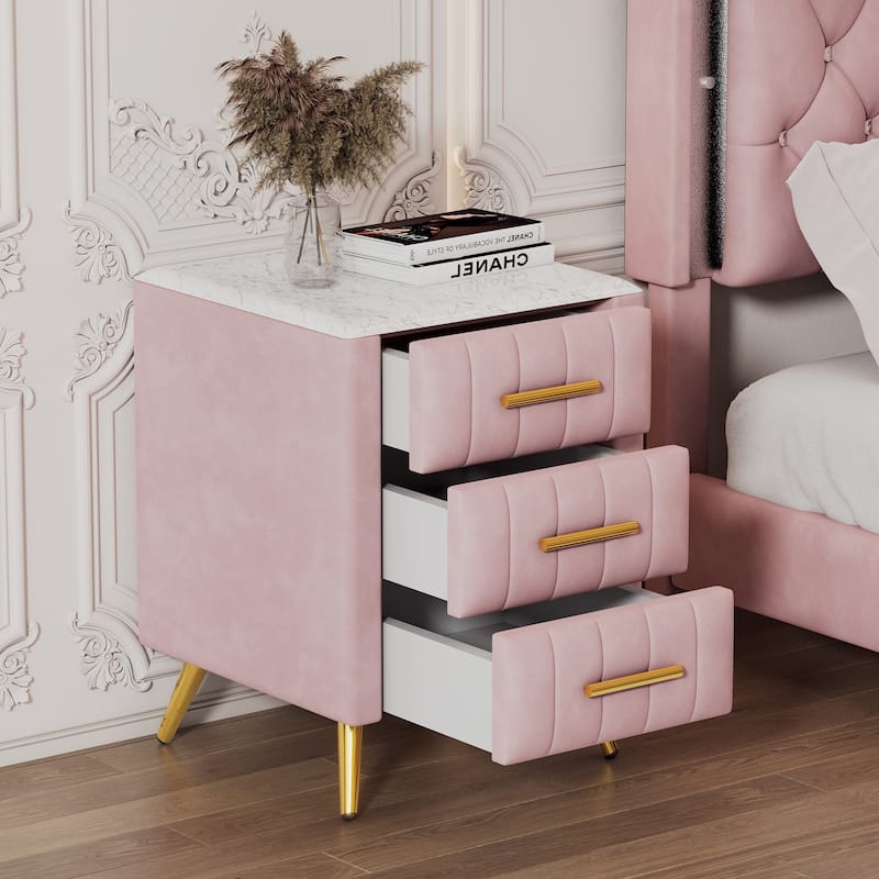 Upholstered Wooden Nightstand with 3 Drawers with Marbling Worktop