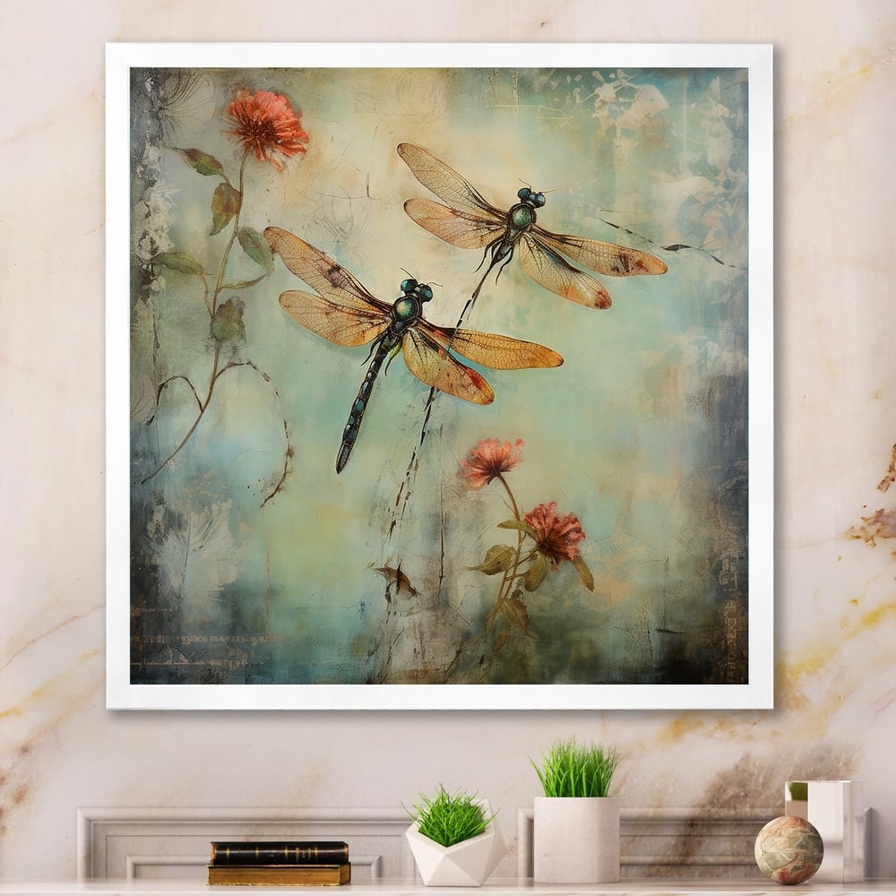 Designart "Vintage Painting Of Dragonfly Flying" Animals Dragonfly Framed Canvas Prints