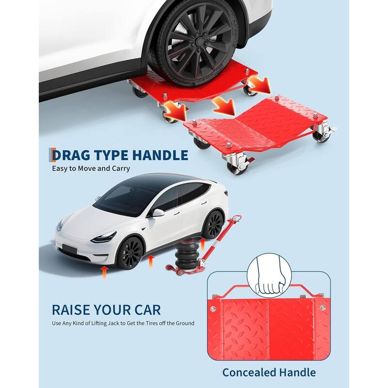 4 pcs Heavy-Duty Car Wheel Dolly Set 6000-lb Capacity with 360Degree Swivel Casters and Anti-Skid Plate Red