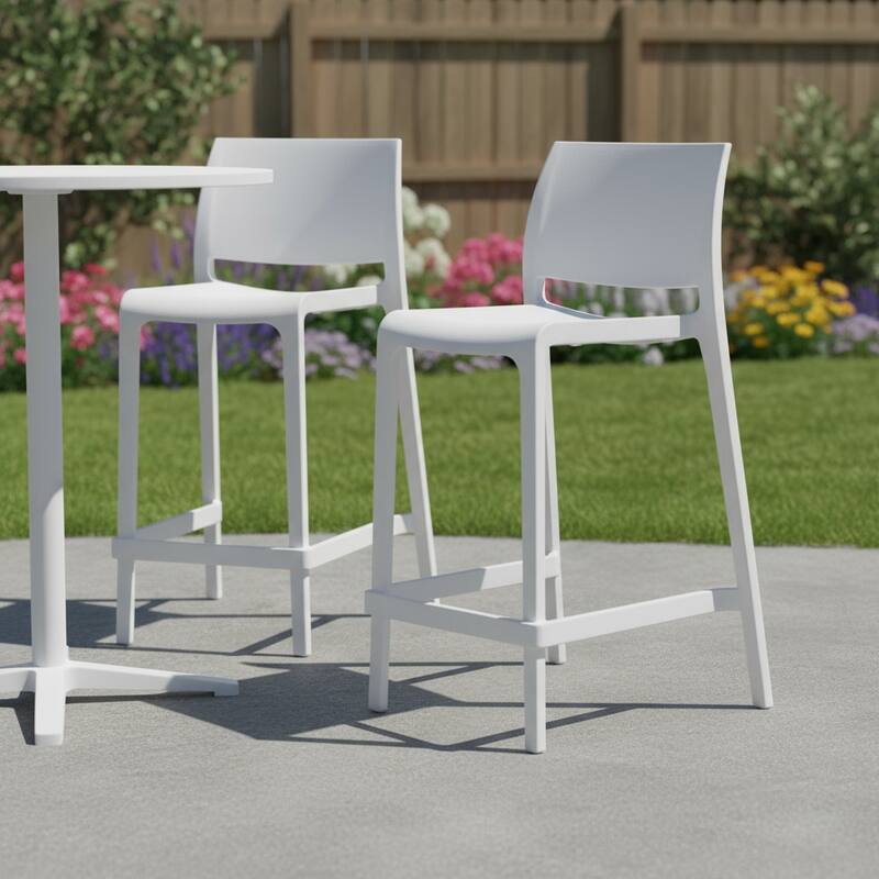HomeRoots Set of Two 26" White Heavy Duty Plastic Low Back Outdoor Counter Height Bar Chairs