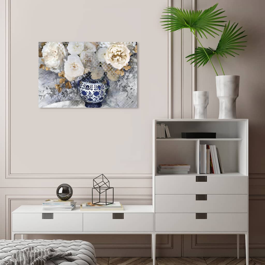 Wynwood Studio Canvas Floral and Botanical Decorative Bouquet Blue and Cream White Glam Wall Art Canvas Print