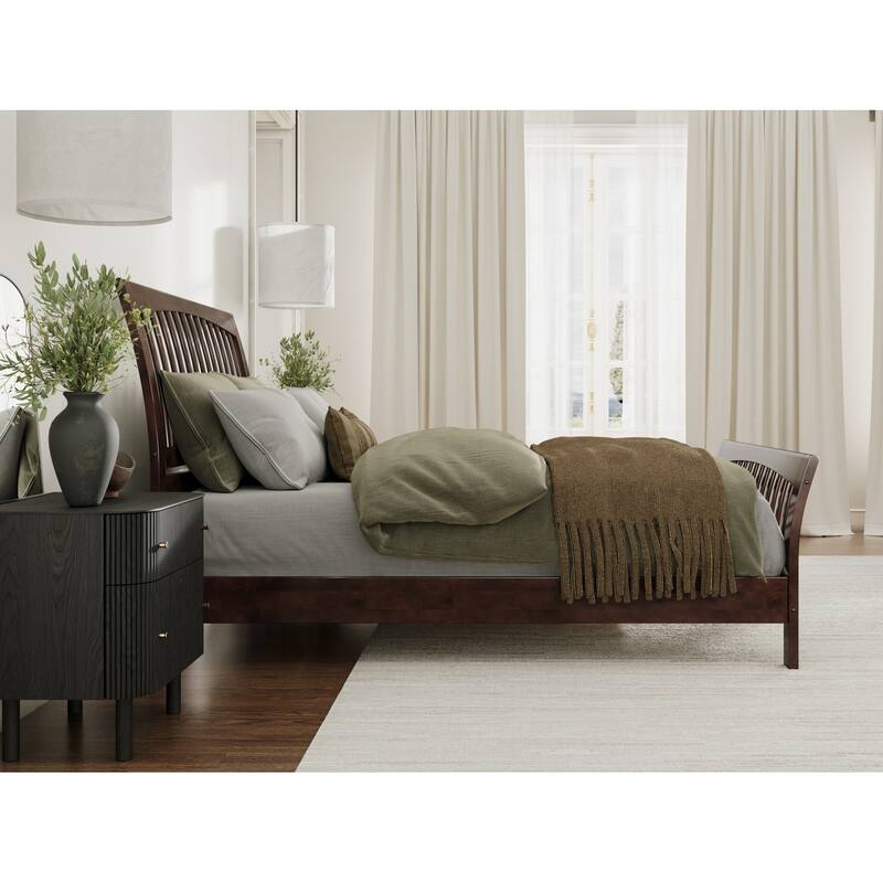 Solid Wood Low Profile Platform Bed - Queen Size, Matching Footboard, Slatted Headboard, Walnut Finish