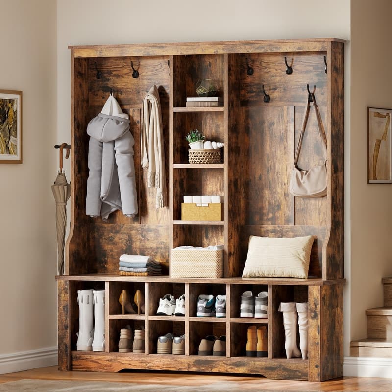 Moasis Farmhouse Hall Tree with Bench and Shoe Storage with 10 Hooks for Entryway - 59 Inch - Rustic Brown