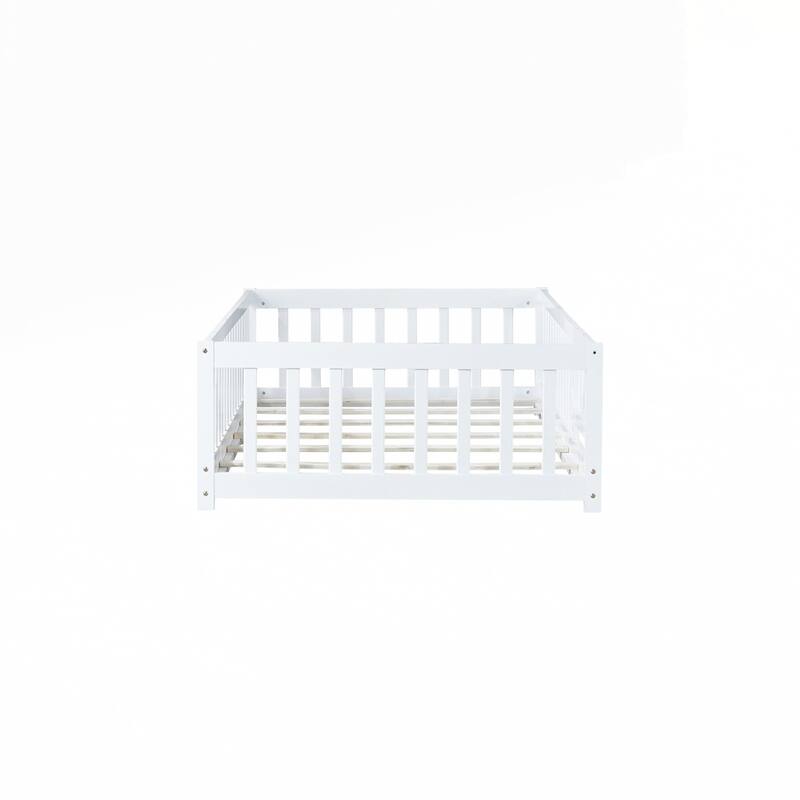 Rubber Wood Floor Bed with Safety Guardrails
