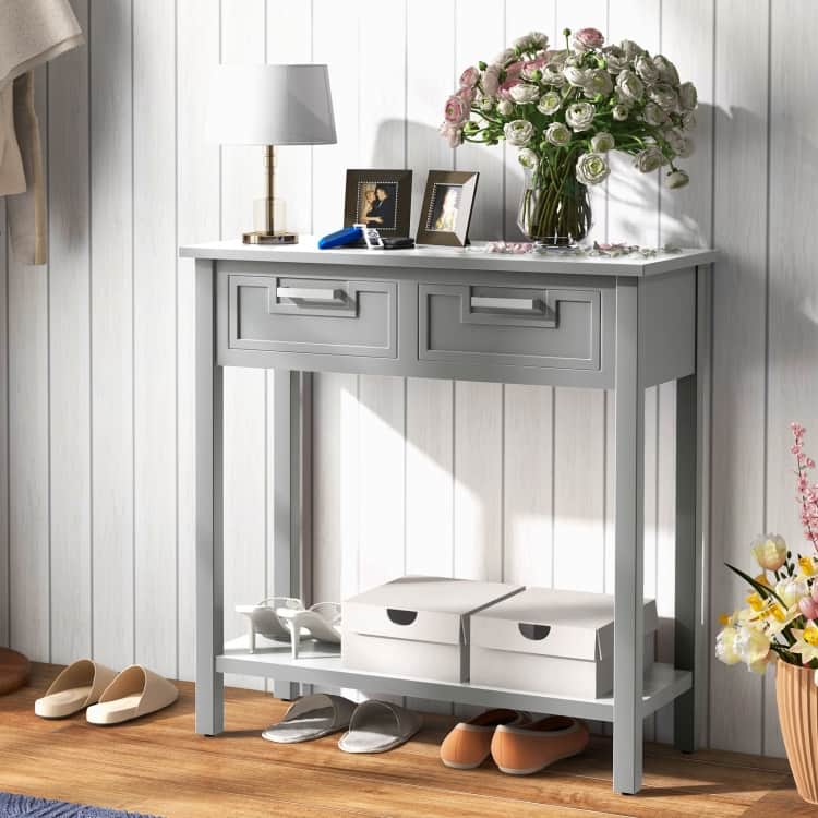 Wooden Console Table with 2 Drawers and Open Storage Shelf for Hallway
