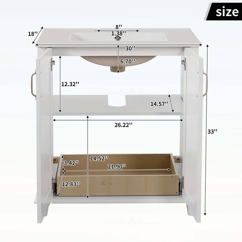 30 Inch Freestanding Bathroom Vanity with Ceramic Sink,Hidden Drawer,for Enhanced Storage and Durability