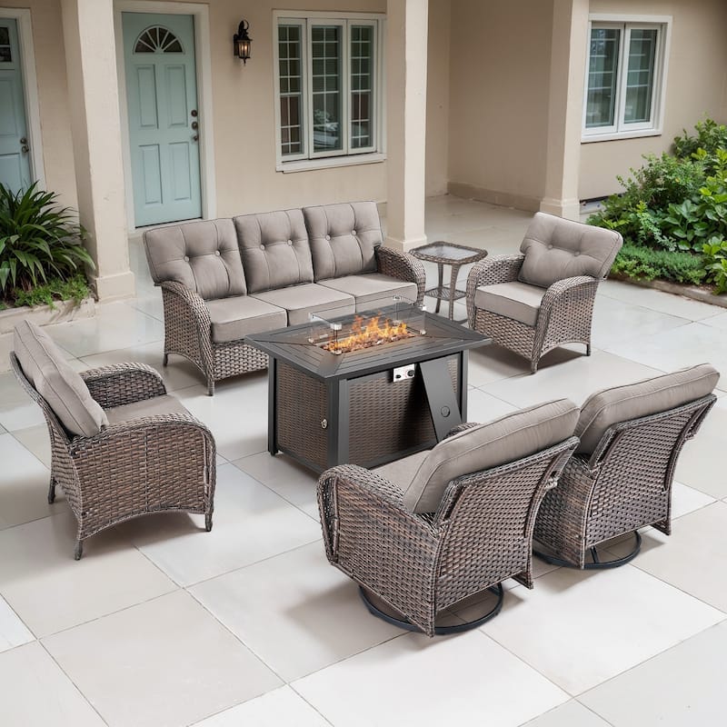 TWrap Wicker Patio Iron Fire Pit Conversation Set with 3-Seat Sofa & Swivel Gliders & Armchairs
