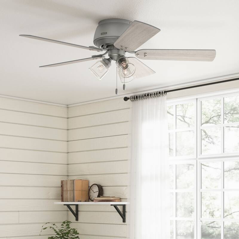 Hunter 52" Shady Grove Ceiling Fan with LED Light Kit/ Pull Chain, Standard or Flush Mount - Casual, Transitional - Flush Mount - Matte Silver