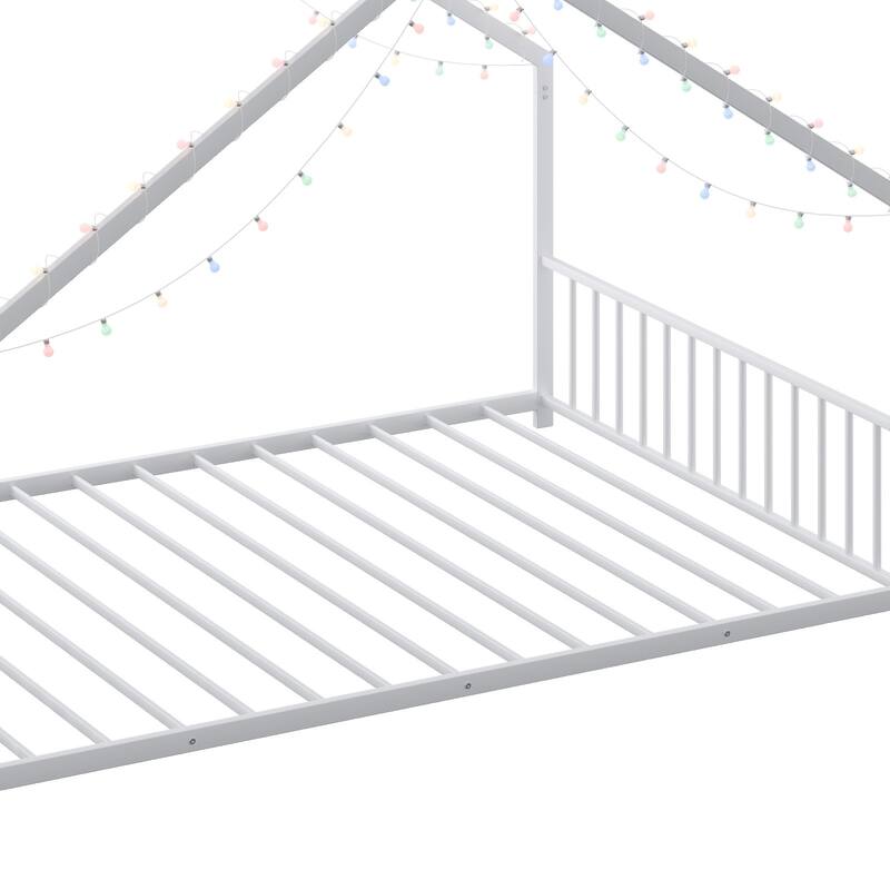 House-shaped Bed Frame, Toddler Kid Iron Floor Bed with House Roof Frame and LED Light Strips, House Daybed