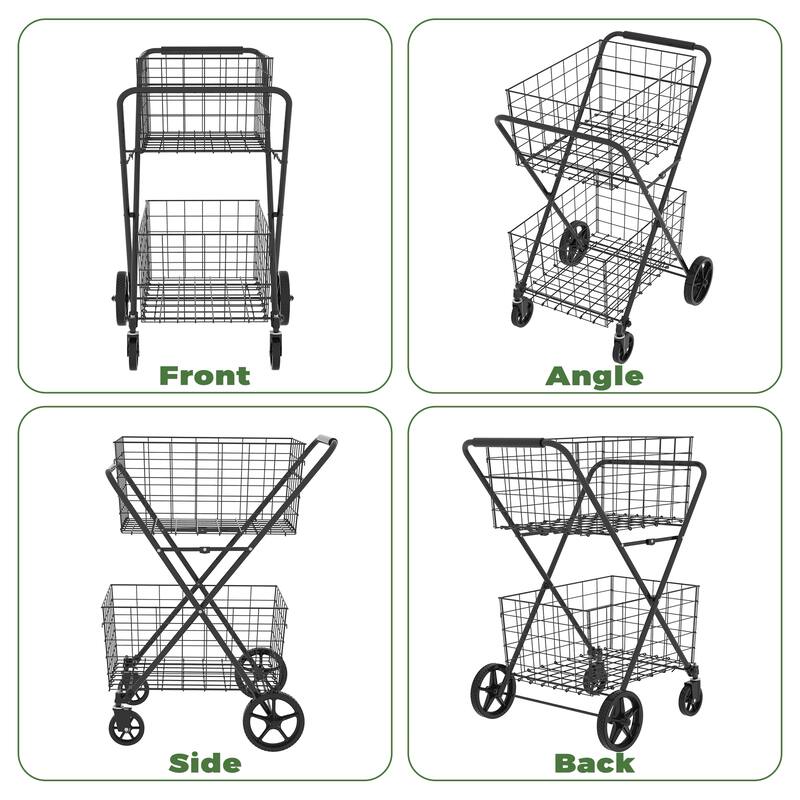 Foldable 2 Layers Grocery Shopping Cart w/ Double Basket and 360 Rolling Swivel Wheels