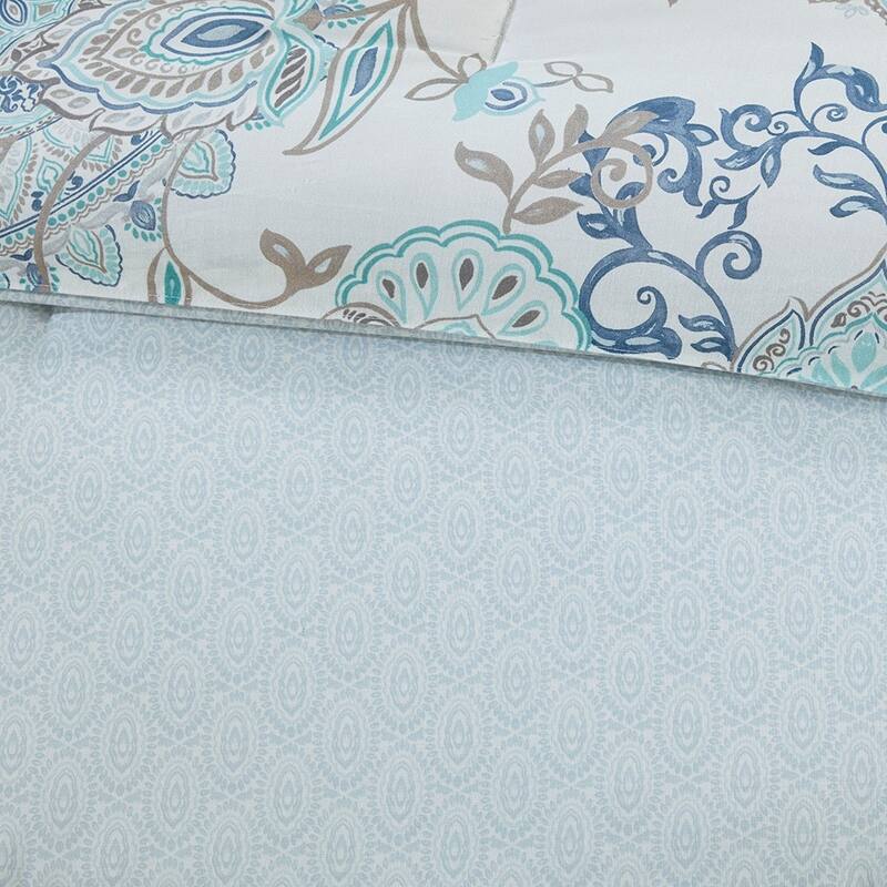8 Piece Cotton Floral Printed Reversible Comforter Set Blue Queen