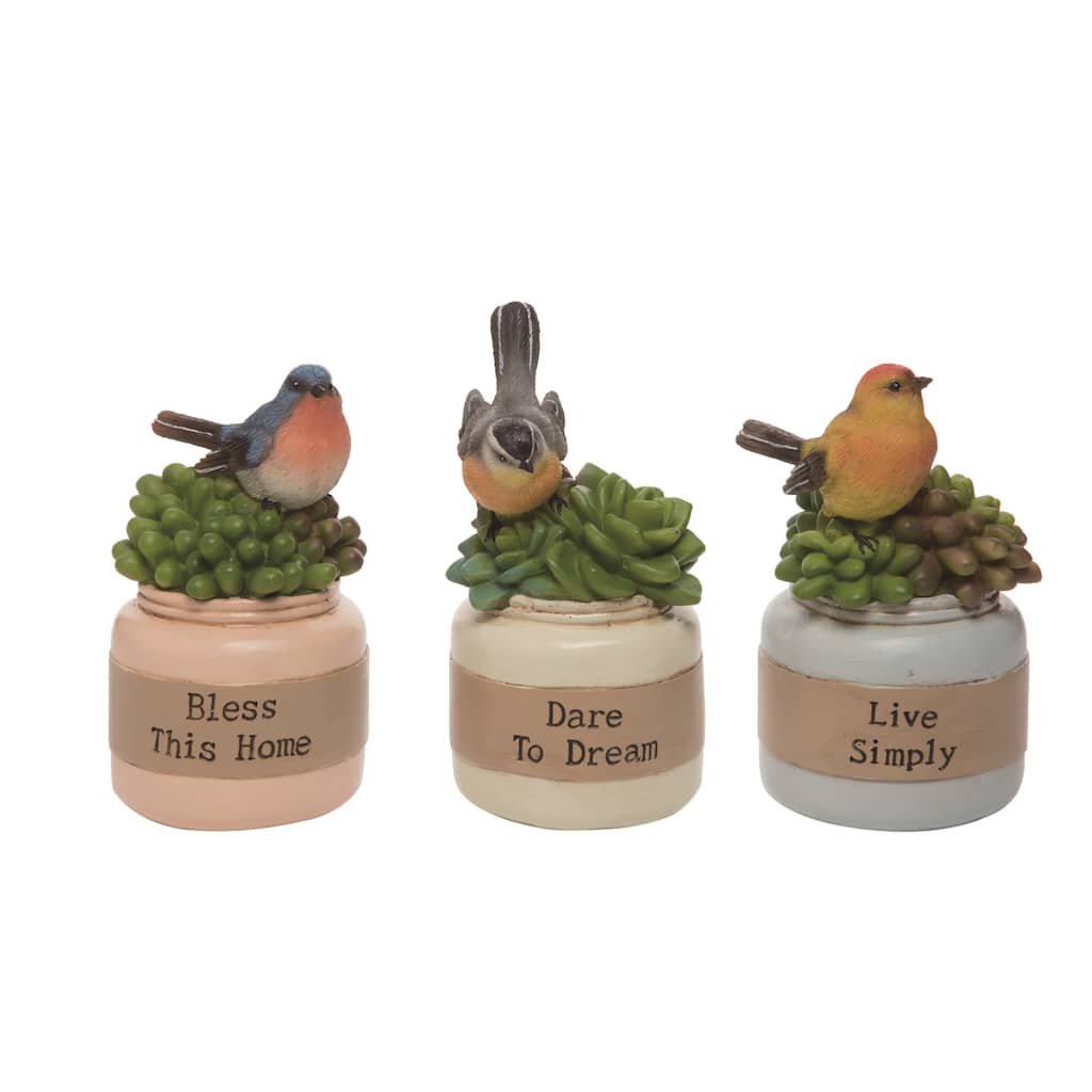 Transpac Resin Bird On Succulent Pot Decor Set of 3 Spring Home Decorations