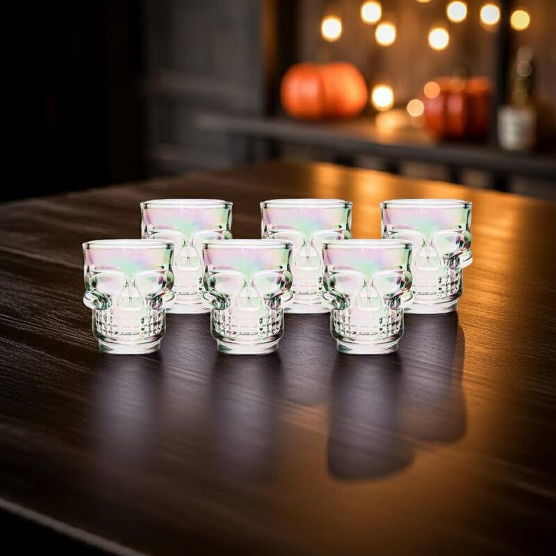 Skull-Shaped Shot Glasses Set of 6, 1.75oz - Glass Novelty Drinkware for Halloween, Parties, and Barware
