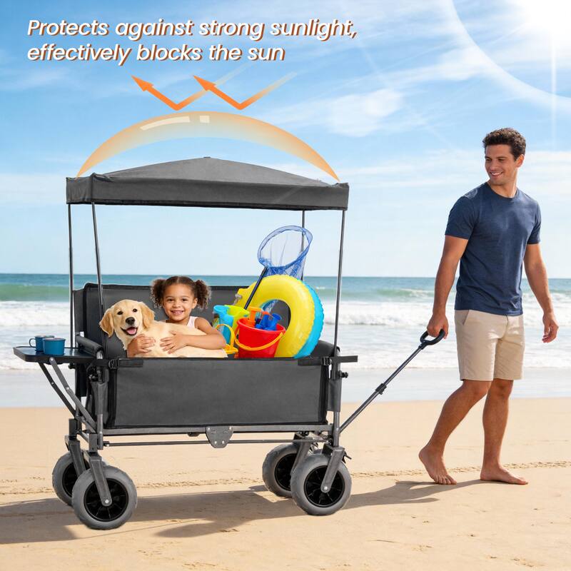 3-in-1 Collapsible Wagon,Convertible Folding Cart with Canopy &Rear-Mounted Folding Tabletop, 500lbs Heavy-Duty, 180L Capacity
