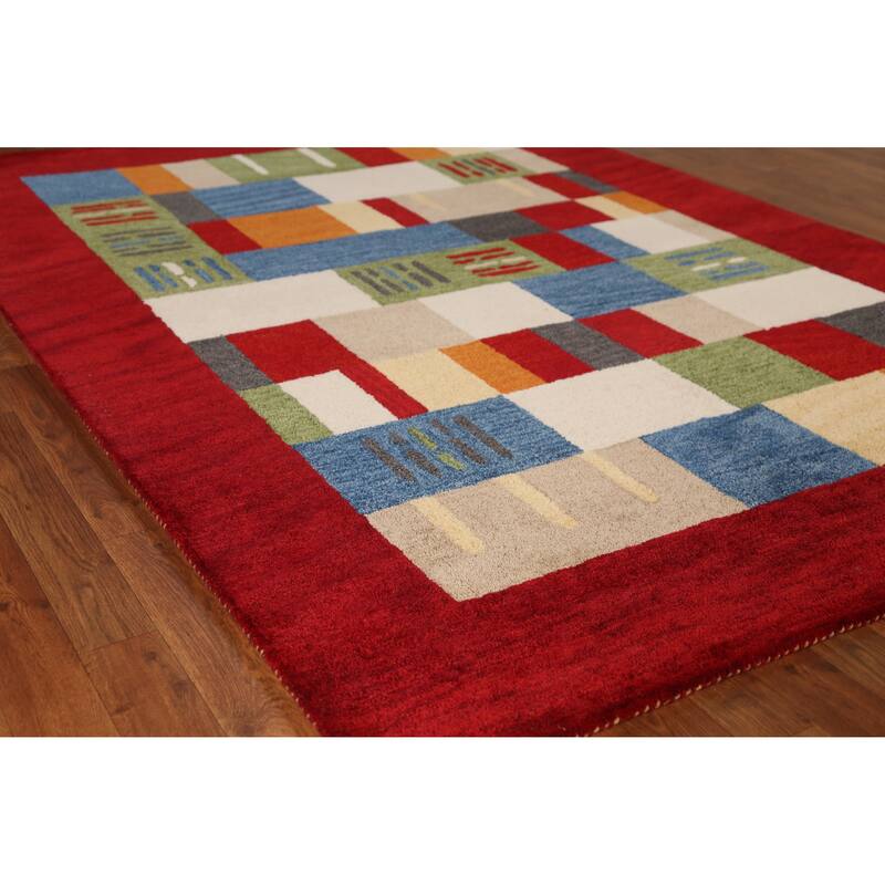 Modern Geometric Gabbeh Indian Area Rug Handmade Wool Carpet - 5'3" x 7'7" - 5'3" x 7'7" - Red