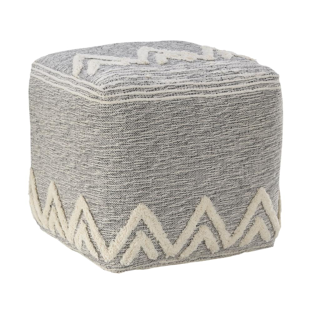 16" Gray and White Geometric Peaks Tufted Square Pouf Ottoman