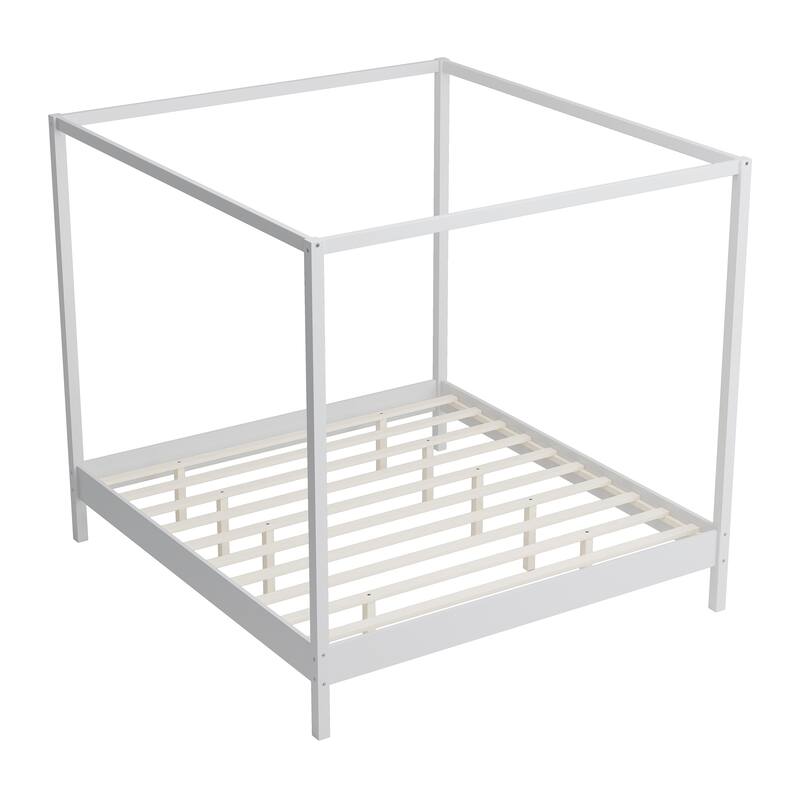 Solid Wood Four Poster Bed Canopy Bed Frame Platform Bed with Wood Slats Support for Bedroom, No Box Spring Needed