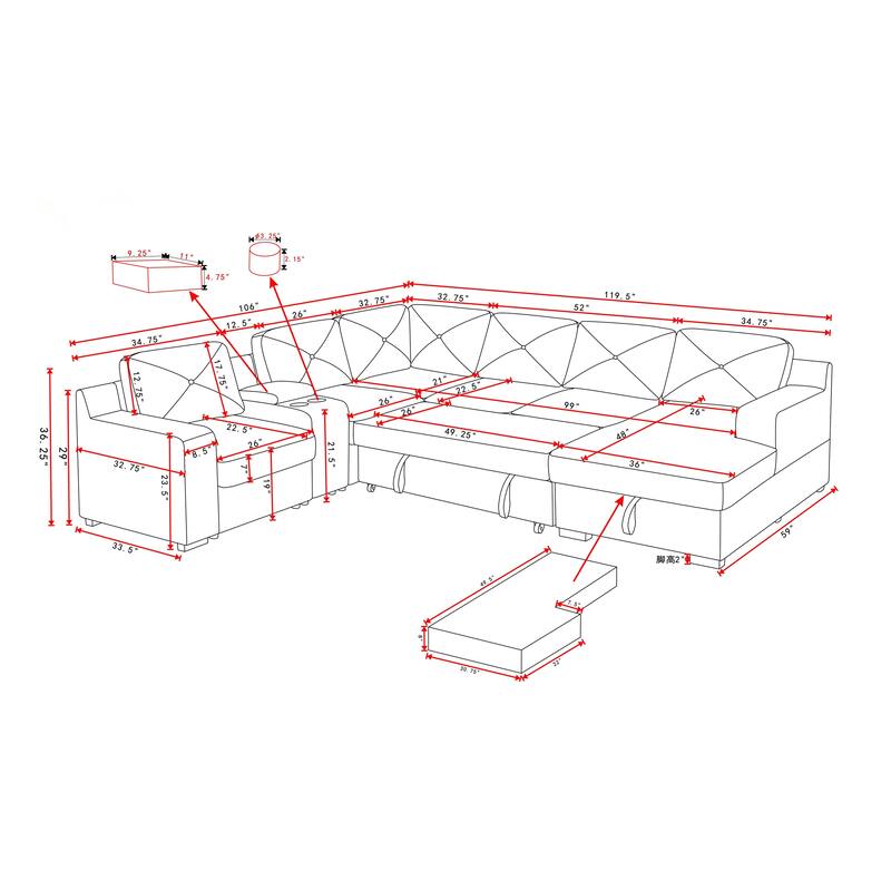 Oversized U Shaped Sleeper Sectional Sofa Pull Out Couch Bed
