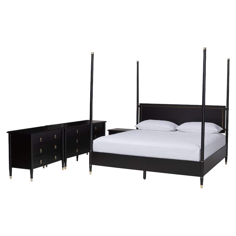 Baxton Studio Tamra Four-Poster Platform Bedroom Set - Black Wood Bed Frame with Matching Accents, Modern Transitional Furniture - Black, 4-Piece