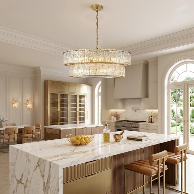 KAWOTI 2-Tier Modern Glam Chandelier with Textured Glass