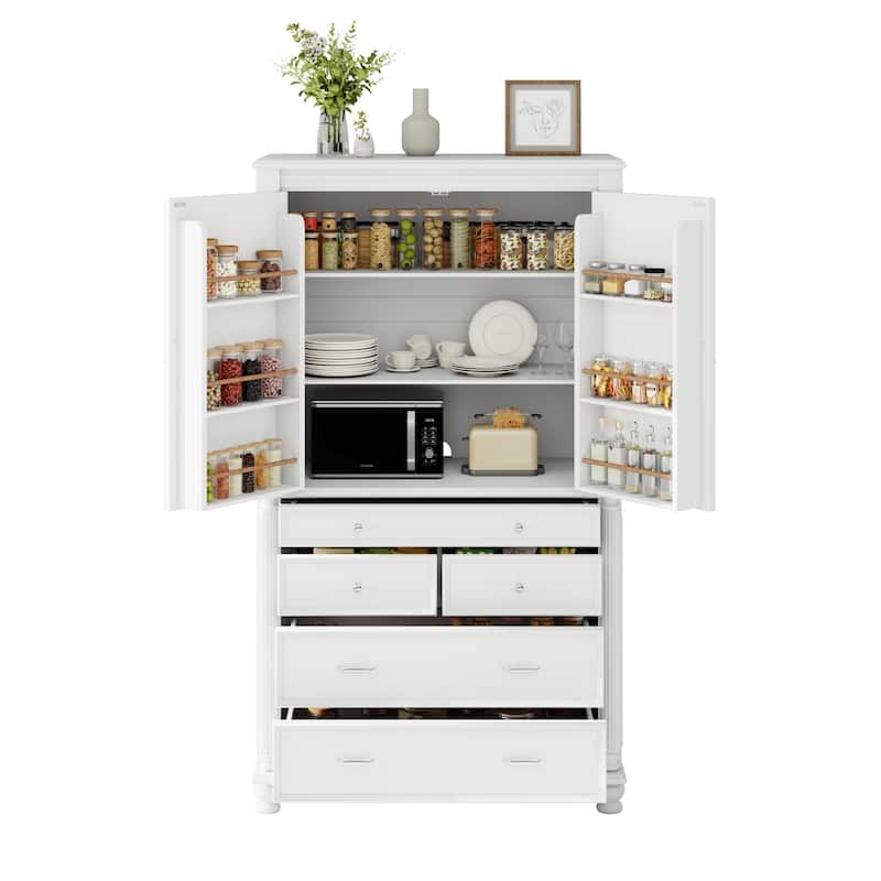 Tall Kitchen Pantry, 77.3"H - Large Storage Cabinet with 5 Drawers, 6 Door Shelves & 2 Adjustable Shelves, Freestanding