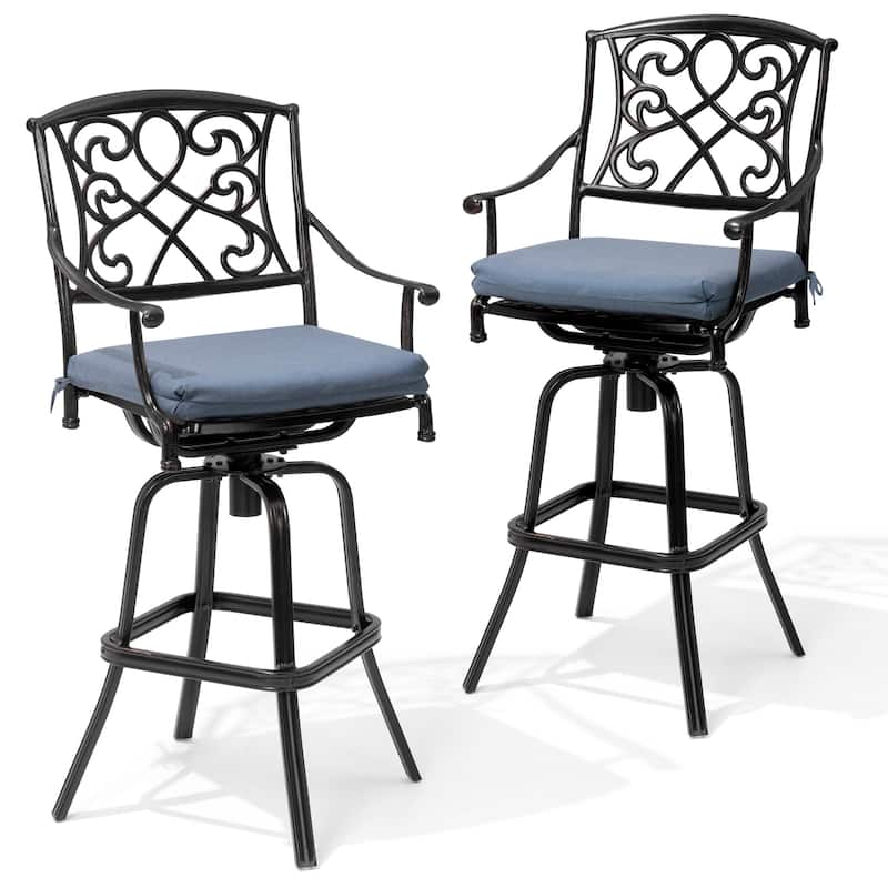 Set of 2/4 Outdoor Cast Aluminum Swivel Bar Stools with Sunbrella Fabric Cushion - Spectrum Denim - 2PC