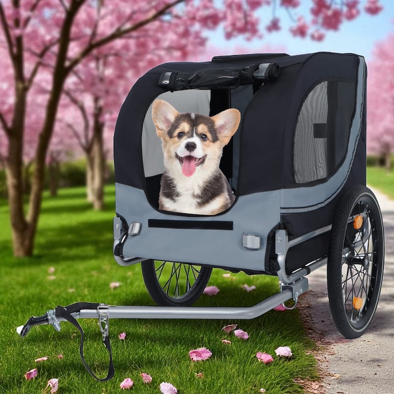 Large Folding Dog Bike Trailer - 66LB Capacity Pet Bicycle Carrier with Steel Frame, All-Terrain Wheels & Rain Cover - Black Gray