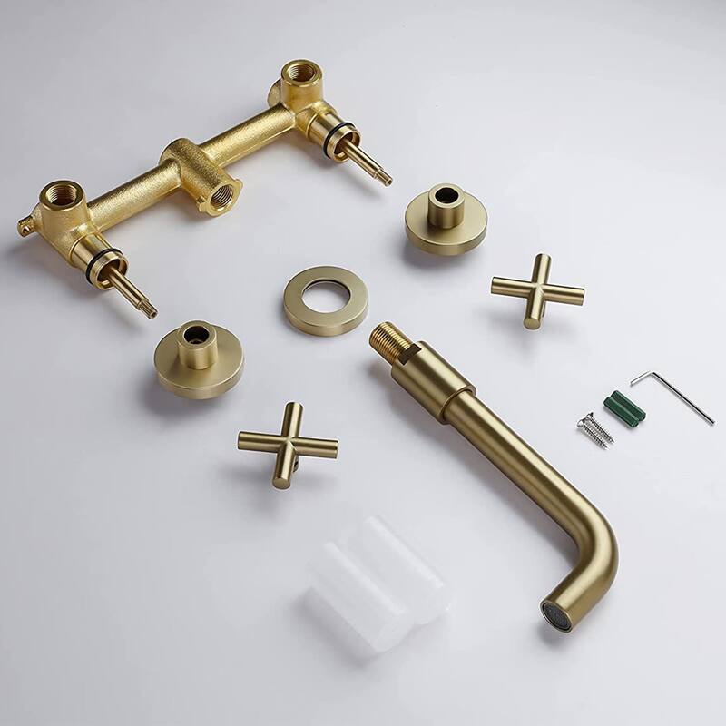 Wall Mounted Bathroom Sink Faucet Double Handle Bathroom Faucet 3 Holes Modern Lavatory Basin Vanity Tap With Valve, NO DRAIN