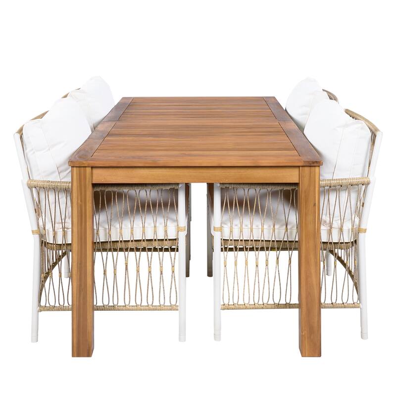 Roomfitters 5-Piece Patio Dining Table Set, Modern Outdoor Furniture with 4 Rope Armchairs and Cushions, Natural