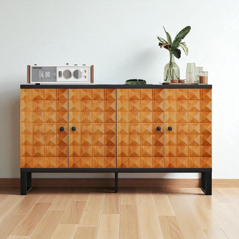 55.4" Modern Sideboard Buffet Cabinet with Geometric Solid Wood Doors and Adjustable Shelves for Entryway or Dining - Orange Yellow