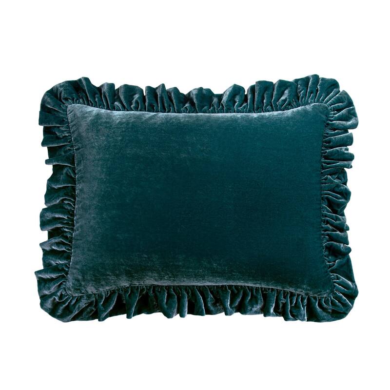 HiEnd Accents Stella Faux Silk Velvet Romantic Western Ruffled Oblong Pillow, 16"x21" - Storm Blue