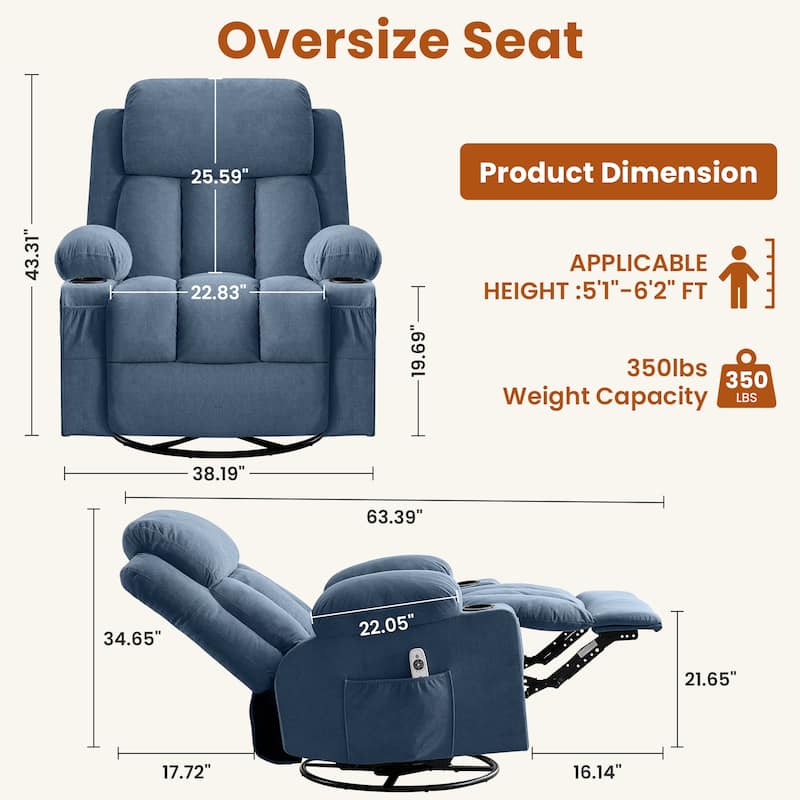 Swivel Rocker Recliner Chair with Vibration Massage & Heat, USB Port & Cup Holders for Living Room