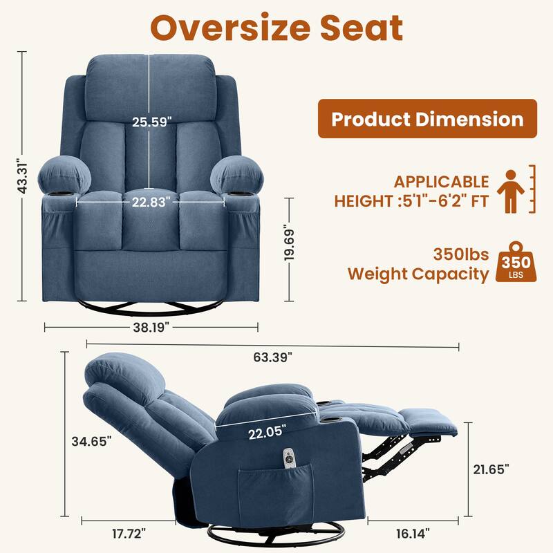 Swivel Rocker Recliner Chair with Vibration Massage and Heat, with Rocking and Side Pocket, USB Charge Port, 2 cup holders