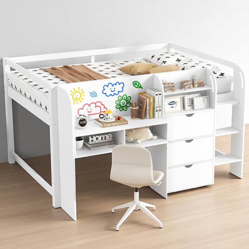 Full Loft Bed with Built-in Desk, Bookshelf, Storage Cabinets, Ladder and Whiteboard, Space-Saving Design - White - Full