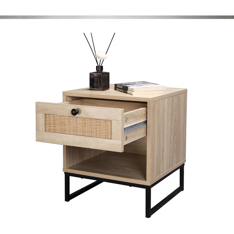 Coastal Modern Nightstand - Birch Top with Black Metal Legs & Drawer