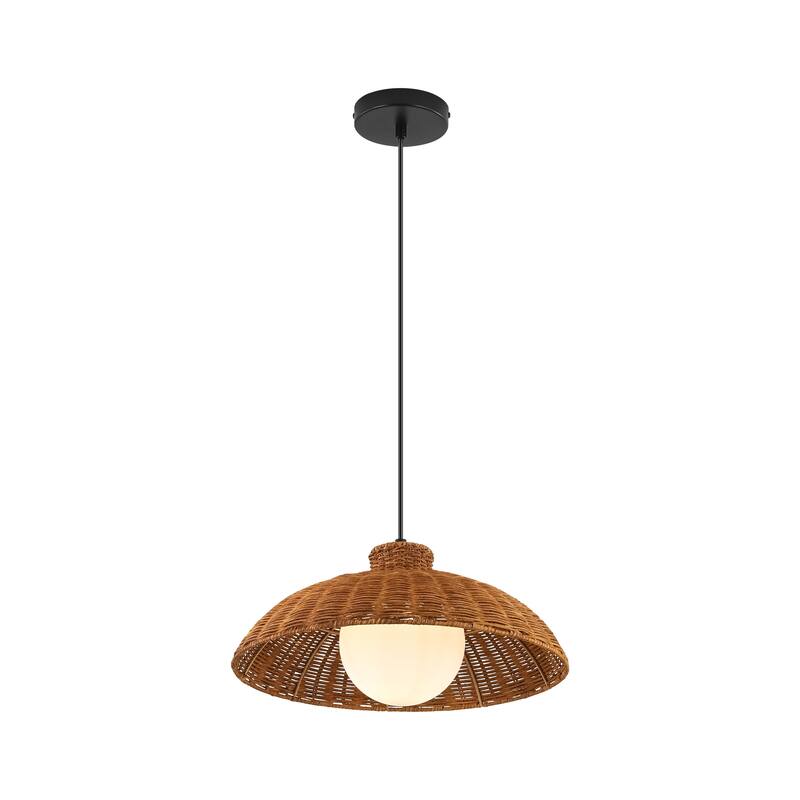 1-Light 15.7" W Farmhouse Brown Woven Rattan Dome Pendant lights for Dining Room, Living Room, Bedroom