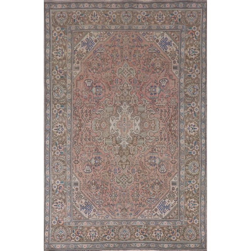 Pink Geometric Tabriz Persian Vintage Rug Hand-Knotted Wool Carpet - 6'5" x 9'9"