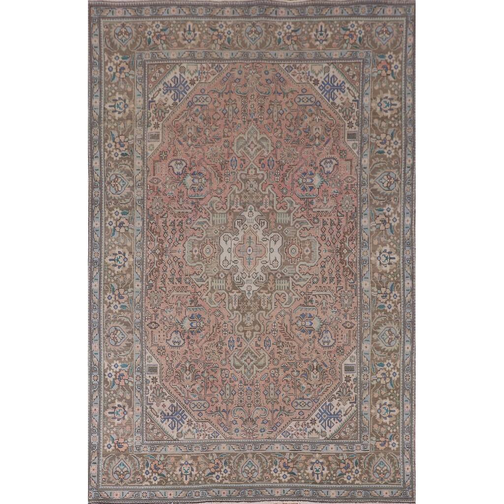 Pink Geometric Tabriz Persian Vintage Rug Hand-Knotted Wool Carpet - 6'5" x 9'9"